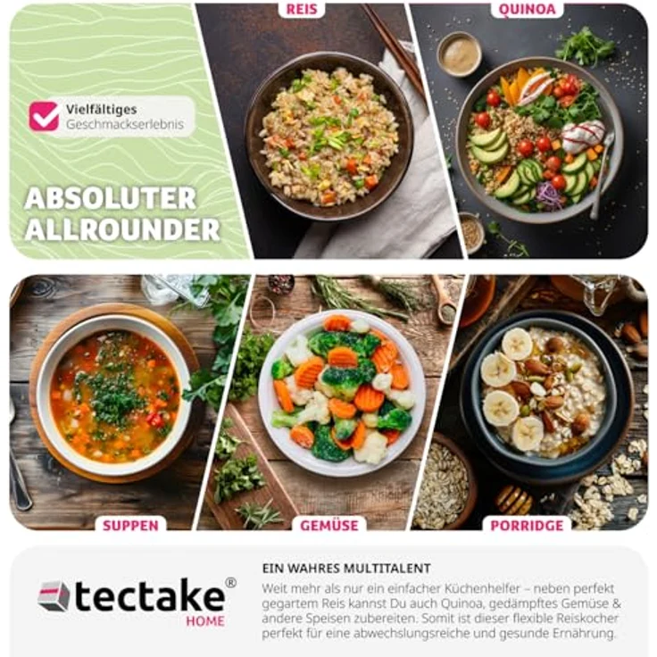 tectake® Reiskocher, Rice Cooker, Steamer Pot, Reis Maker mit Dampfgarer Einsatz, Topf, großes Volumen 1,8 l, bis zu zehn Portionen Klebereis, Vollkornreis oder Sushireis, Stahlgehäuse, Warmhaltefunktion – Bild 4