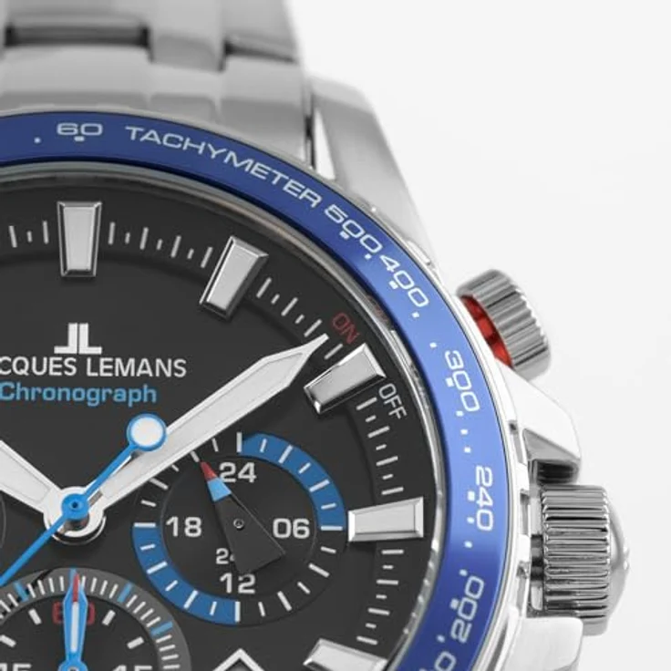 JACQUES LEMANS Herrenuhr Chronograph Liverpool Stahl/Blau mit schwarzem Zifferblatt und Mineralglas – Bild 5