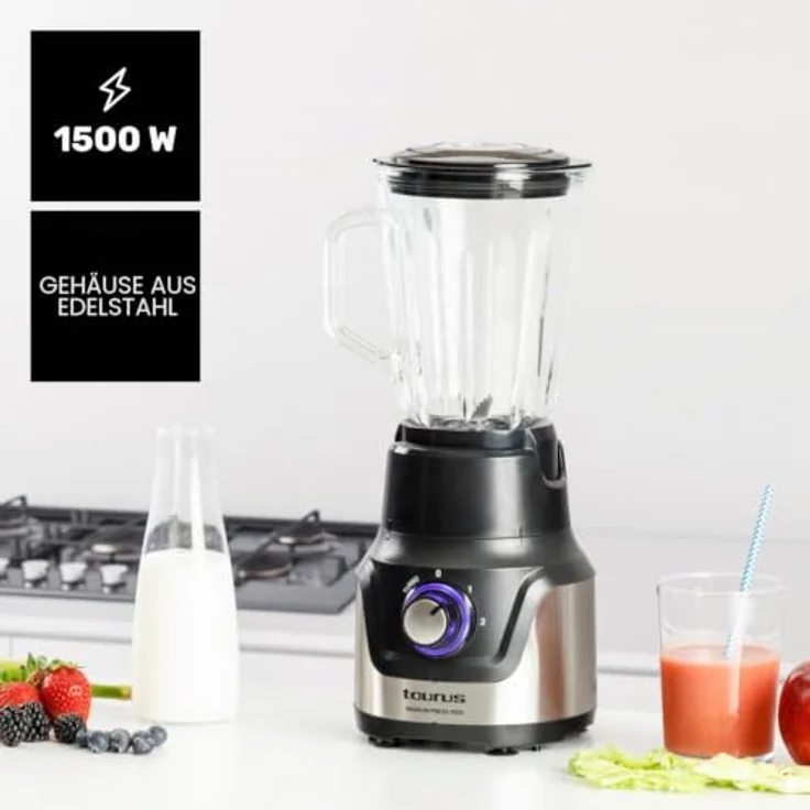 Taurus MAGNUM PRESS 1500, Tischplatten-Mixer mit 1500 W, Edelstahlklingen und 1,5-Liter-Glasbehälter, Schwarz – Bild 2