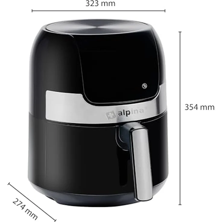 Alpina Airfryer 3,5L - Heißluftfritteuse 1400W - Temperatur Einstellbar von 80 bis 200 °C - Backofen für 3 bis 5 Personen - Luftfritteuse mit Timer bis 60 Min - Digitales Display - Metal - Schwarz – Bild 2