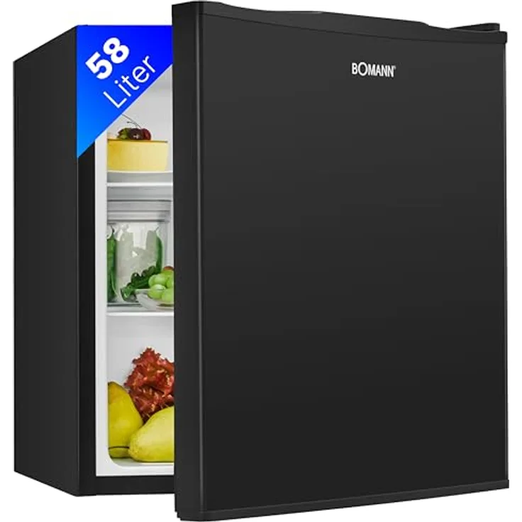 Bomann® Mini Kühlschrank mit 58 Liter Nutzinhalt | Kühlschrank klein mit 2 herausnehmbaren Glasablagen | Mini Fridge mit stufenloser Temperaturregelung u. wechselbarem Türanschlag | KB 7347 schwarz