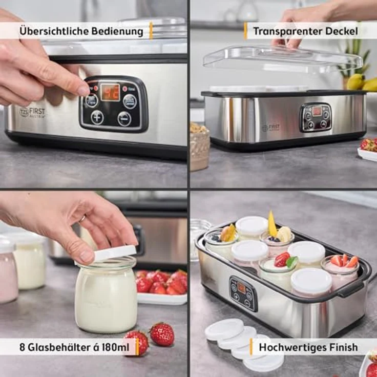 TZS FIRST AUSTRIA Joghurtbereiter Joghurt Maker, 25 W, 8 Gläser à 190 ml, Edelstahl, LCD-Display, Temperatursteuerung, Timer- und Auto-Stop-Funktion – Bild 8
