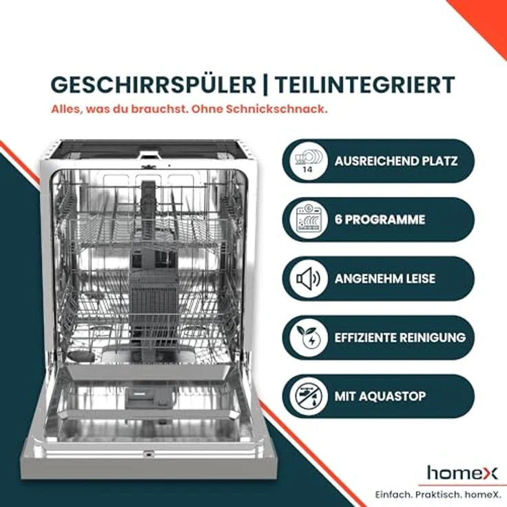 homeX DWSI601449E Geschirrspüler 60 cm, teilintegrierbar, 14 Maßgedecke, 6 Programme, leise mit 49 dB, Energieeffizienzklasse E – Bild 2
