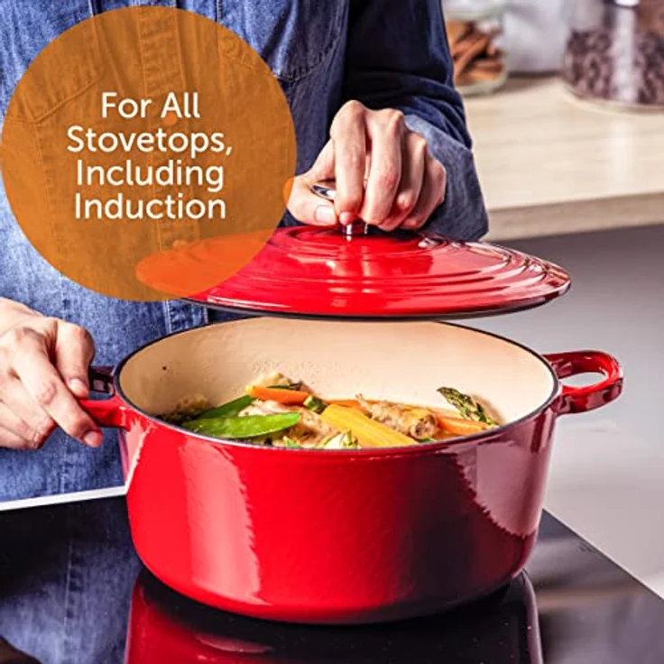 BK Cookware Deutsches Emaille-Gusseisen, 24 cm/4,2 Liter Schmortopf Auflaufform mit Deckel, Dutch Oven, Bräter, Feuertopf, Induktion, Spülmaschinenfest, Backofenfest bis zu 220°C, Chili Rot – Bild 2