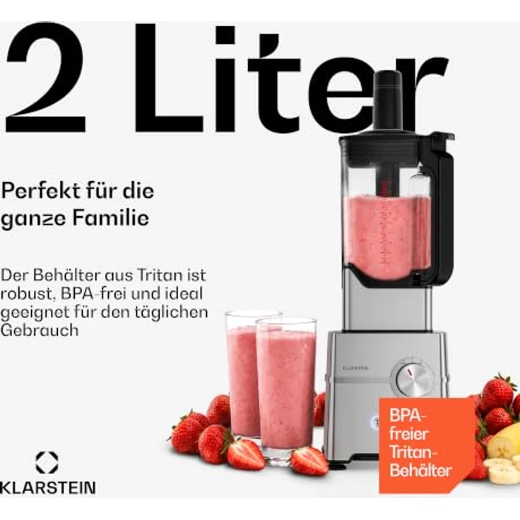Klarstein Kraftpaket Pro Hochleistungsmixer – 2000 W, 30.000 U/min, 2-Liter-Behälter, 6 Edelstahlklingen, Silberfarben – Bild 4