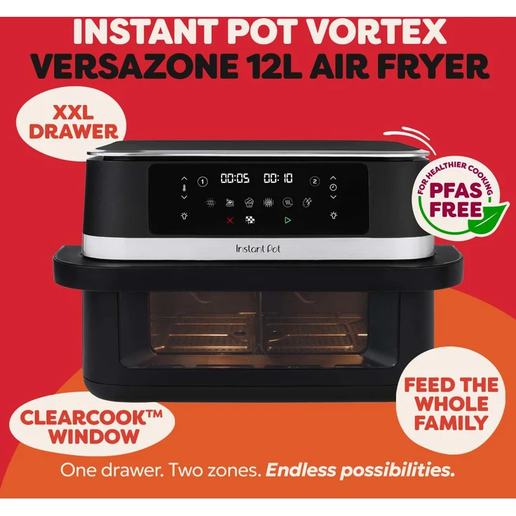 Instant Pot Vortex VersaZone 12 L Heißluftfritteuse, Schwarz, vielseitige Kochfunktionen für gesundes Frittieren, Backen und Grillen