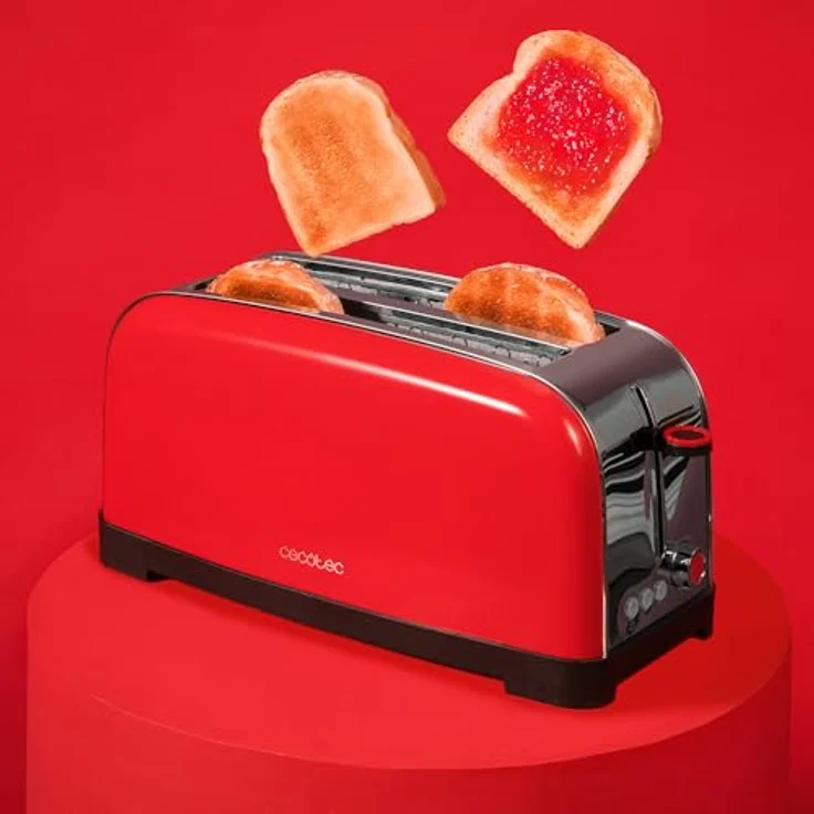 Cecotec Toastin' Time 1500, Vertikaler Toaster mit 2 langen Schlitzen, 1500 W, 4 Brotscheiben, Edelstahl Rot, Brötchenaufsatz, 3,8 cm breiter Schlitz, 7 Bräunungsstufen – Bild 3