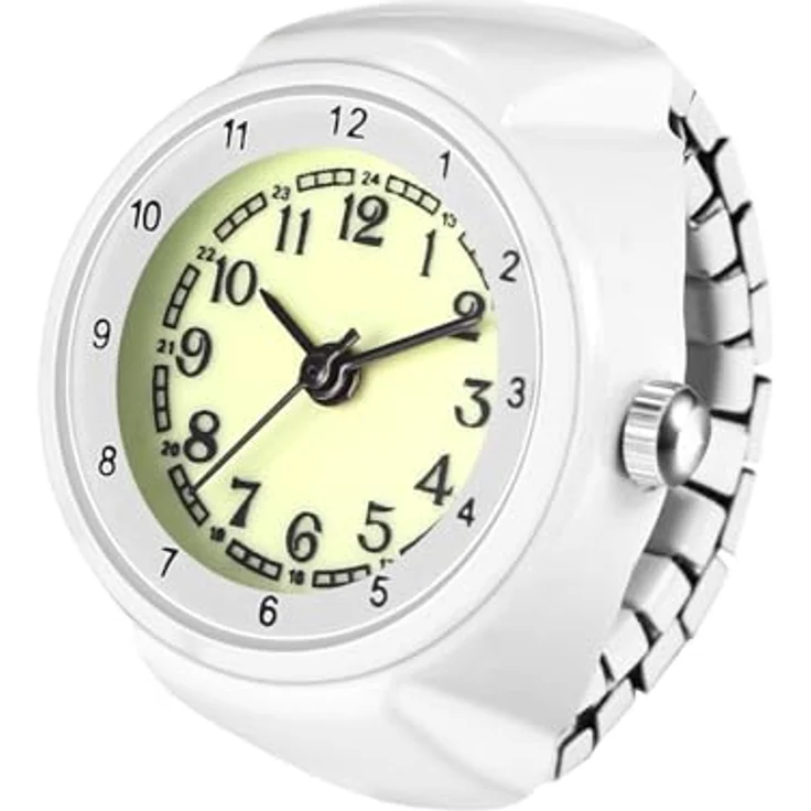 JewelryWe Fingeruhr Ringuhr Elastische Ring, Damen Analog Quarz mit großen Zahlen, Weiß Edelstahl Stretchband – Bild 1