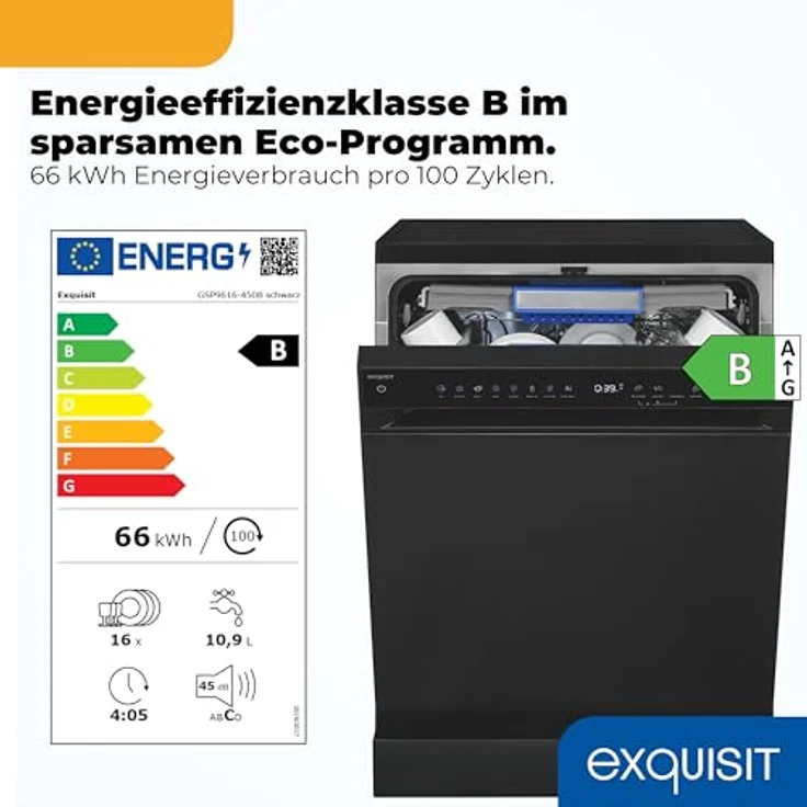 Exquisit GSP9616-450B, Stand-/Unterbau-Geschirrspüler in schwarz, 16 Maßgedecke, Energieklasse B, 45 dB, 8 Programme, Besteckschublade, Halbe Beladung – Bild 2