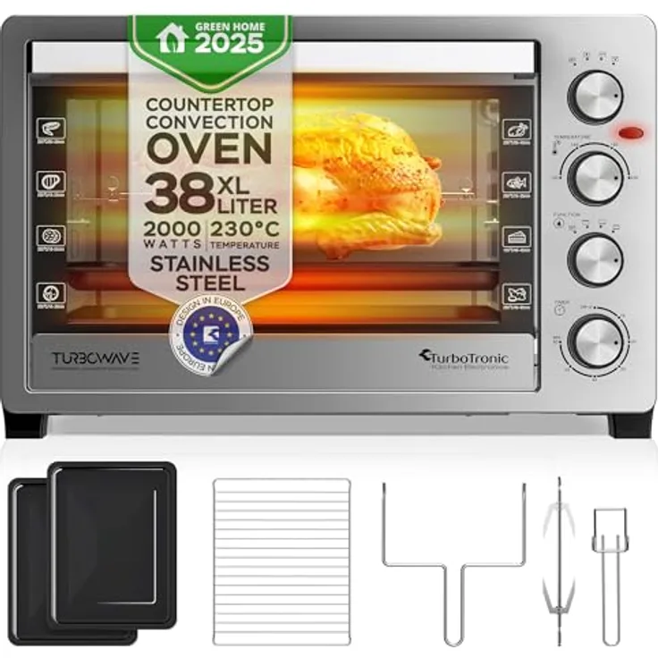 TurboTronic Elektrobackofen 38L mit Umluft, Grill & Drehspieß, Edelstahl, Timer & Doppelglastür für Pizza, Braten & Aufläufe