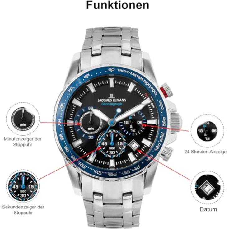 JACQUES LEMANS Herrenuhr Chronograph Liverpool Stahl/Blau mit schwarzem Zifferblatt und Mineralglas – Bild 2