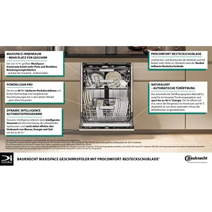 Bauknecht B7I HT58 TC Vollintegrierbarer Geschirrspüler/60 CM/15 Maßgedecke/PowerClean Pro-Effektive Hochdruckdüsen/Natural Dry-Automatische Türoffnung-Bessere Trocknung/MaxiSpace-Mehr Innenraum – Bild 5