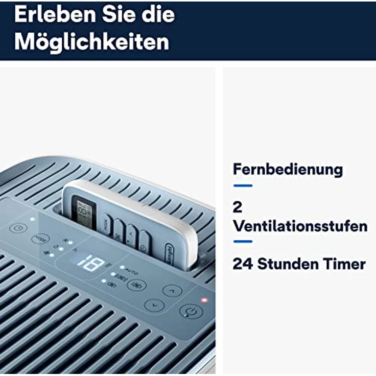 De'Longhi Pinguino Compact ES72 YOUNG, Mobiles Klimagerät mit 8.300 BTU/h, für Räume bis 60m³, Entfeuchtungsfunktion, 24-Stunden-Timer, Energieeffizienzklasse A, Weiß – Bild 3