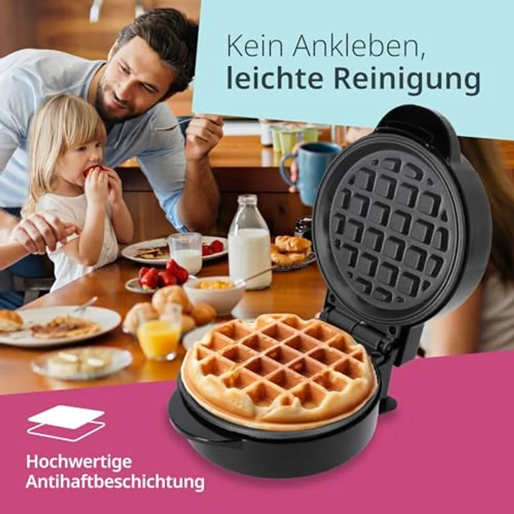 ADE Mini Waffeleisen | belgische Waffel runde Form | perfekt für eine Person, Party, Kindergeburtstag | hochwertige Antihaftbeschichtung | 550 W | schwarz – Bild 4