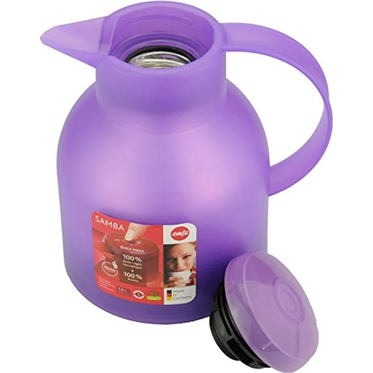 Emsa 505126 Samba Isolierkanne (1 Liter, Quick Press Verschluss, 12h heiß, 24h kalt) lavendel – Bild 2