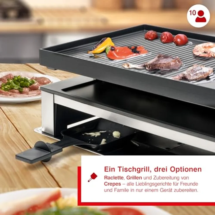 Solis 3 in 1 Combi Grill, Elektrischer Raclette Grill für 10 Personen, 1500 W, Indoor Grill mit Wende-Grillplatte und Raclette Zubehör, Edelstahl – Bild 2