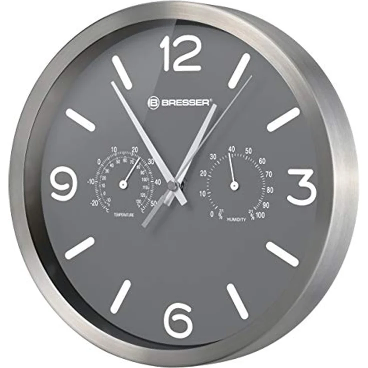 Bresser Funkuhr Wanduhr MyTime ND Thermo-Hygro mit geräuschlosem Funkuhrwerk, Edelstahlrahmen und Anzeige für Temperatur und Luftfeuchtigkeit, Grau, 250x250mm – Bild 1