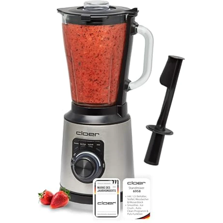 Cloer 6958 Standmixer, 1,5 l Glasbehälter, 6-flügliges Messer, Smoothie-, Ice-Crush- und Auto-Clean-Programme, Puls-Funktion, stufenlos, Edelstahl/Schwarz – Bild 2