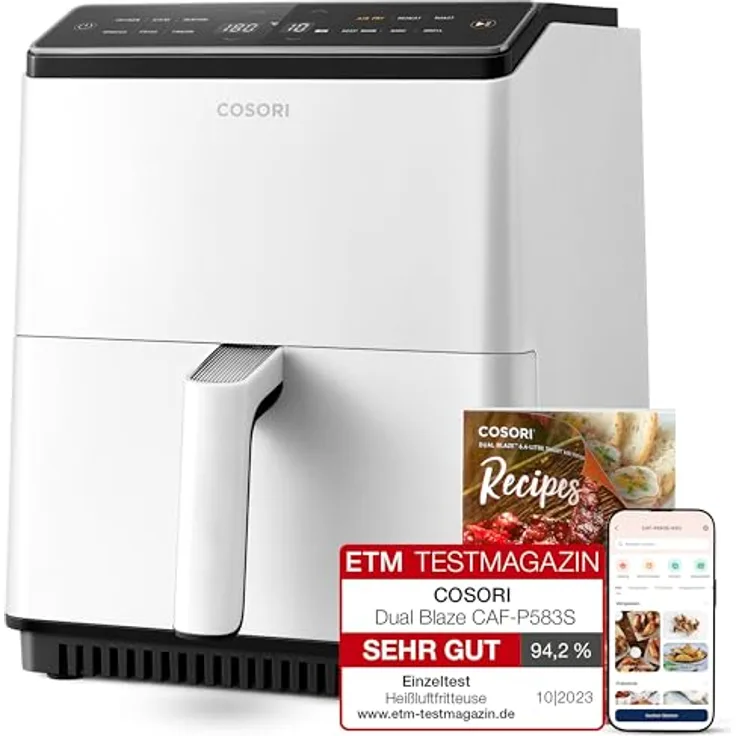 COSORI Heißluftfritteuse XXL, Dual Blaze, 6,4 L(1.8kg) Wifi verbunden, Airfryer mit 12 Multifunktionen, 90+ Online Rezept & Rezeptbuch, Full Touch Screen, 1700W, Weiß