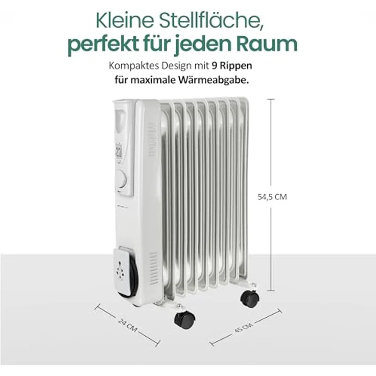 Emerio Ölradiator HO-128421, 9 Rippen, 2000 Watt, geeignet für Räume bis 15 m², einstellbares Thermostat, 3 Heizstufen, mit Kontrollleuchte und Kippschutz, mobil mit Rollen, weiß – Bild 5