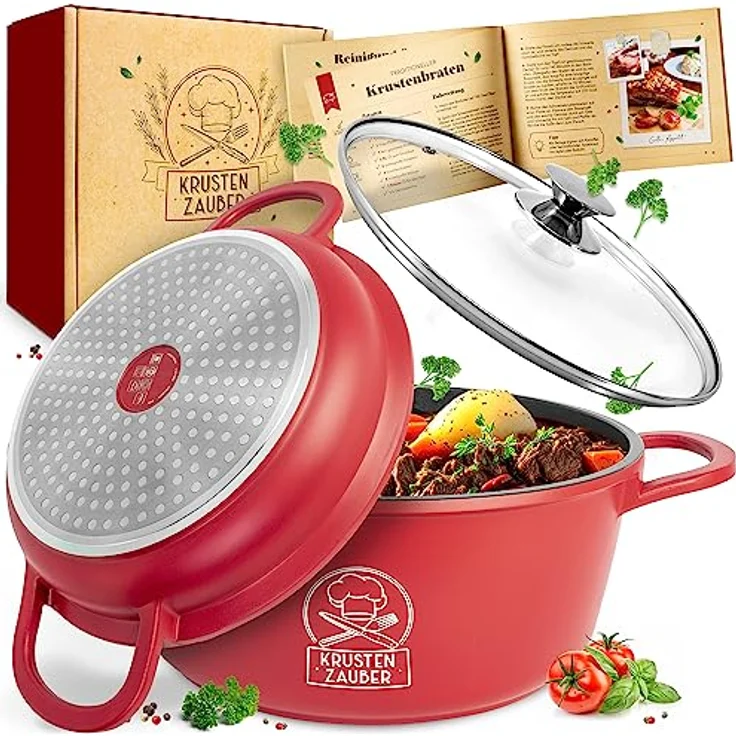 KRUSTENZAUBER 24cm Aluguss Bräter mit Deckel backofengeeignet [inkl. Glasdeckel] - 4L Aluminium Schmortopf & Bratpfanne - Idealer Bräter Induktion, Schmorpfanne, Bratentopf, Gussbräter, Kasserolle - Modernes Kocherlebnis in Schwarz – Bild 1