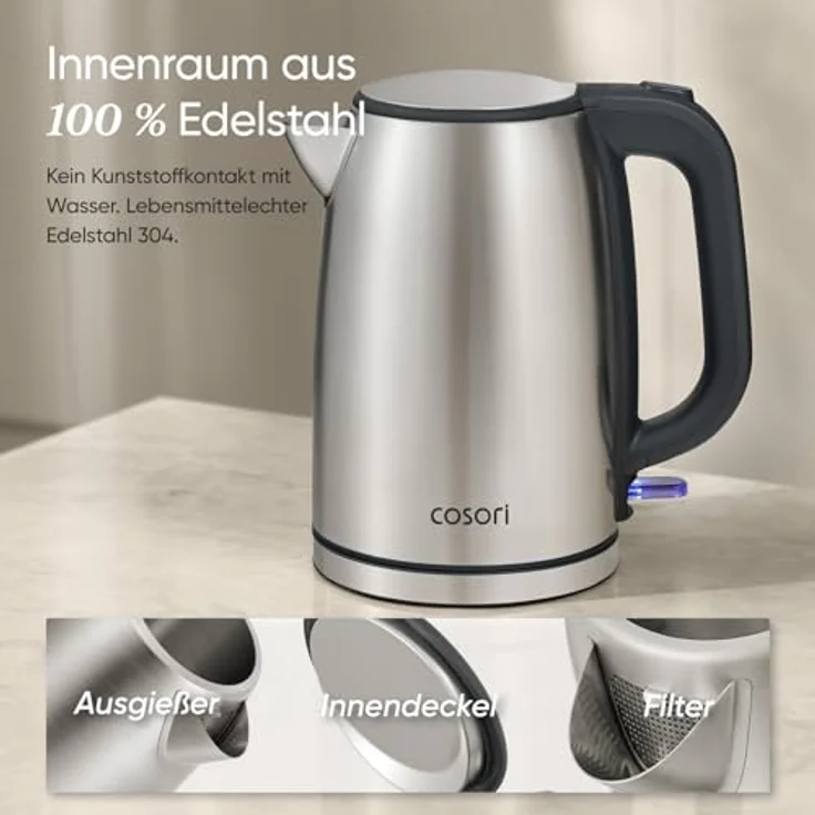 Cosori Wasserkocher Edelstahl 1,7 L, 2200W, mit Strix-Thermostat und LED Beleuchtung – Bild 2