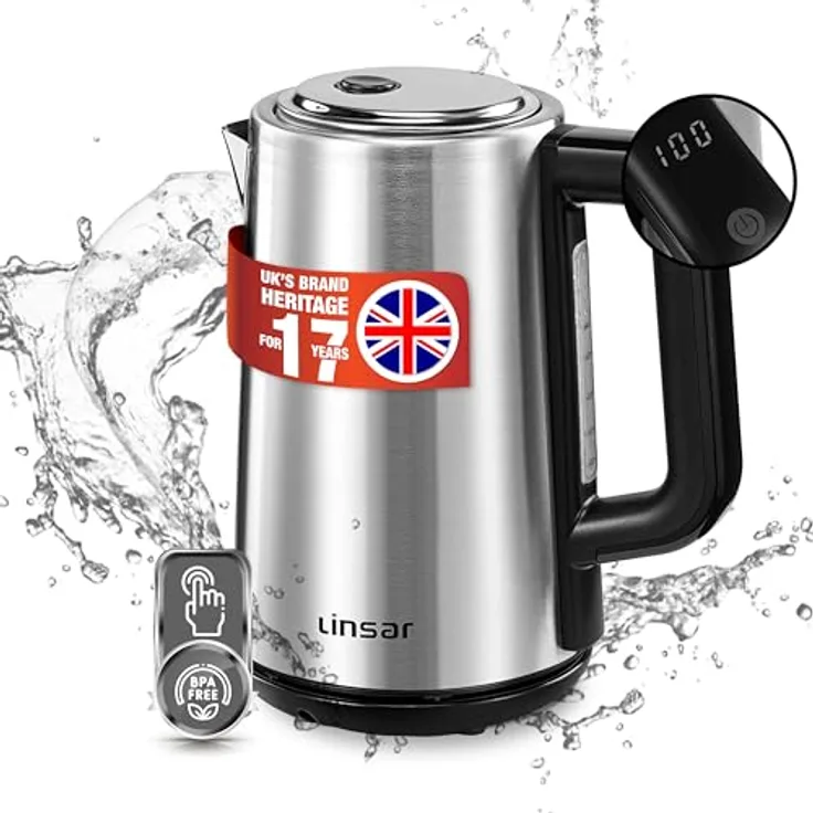 Linsar - Wasserkocher - Edelstahl-Optik - 1,7 Liter - Mit Touchfunktion, Warmhaltefunktion, 5 Temperatur-Einstellungen, Kalkfilter, Abschaltautomatik und digitaler Anzeige - 2200 Watt (Edelstahl)