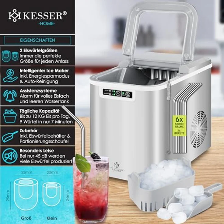 KESSER® Eiswürfelbereiter | Eiswürfelmaschine Edelstahl | Ice Maker | 12 kg 24 h | Zubereitung in 7 min | 2,2 Liter Wassertank | 2 Eiswürfel-Größen | LED-Display | Selbstreinigungsfunktion | Silber – Bild 2
