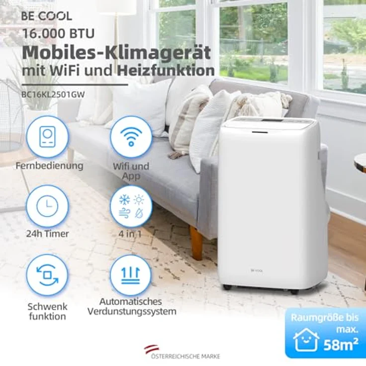 Be Cool Mobiles Klimagerät 4-in-1, 16.000 BTU/h mit Heizfunktion, WIFI, Fernbedienung und LCD-Display, Weiß, für Räume bis 58 m² – Bild 2