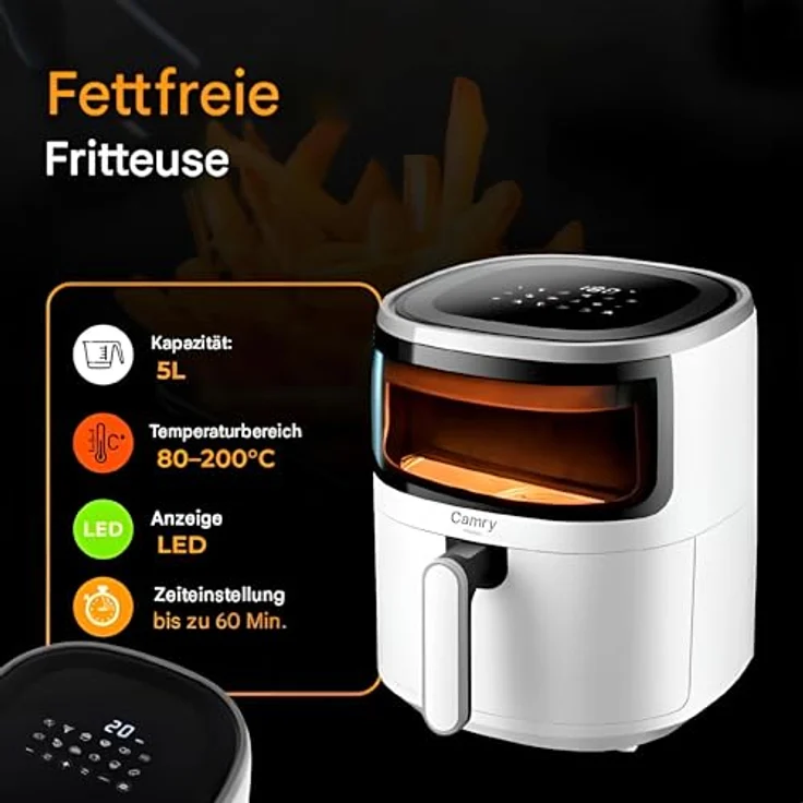 Camry Heißluftfritteuse CR 6313, Airfryer, Backofen, 12 Programme, 5 Liter, weiß – Bild 5