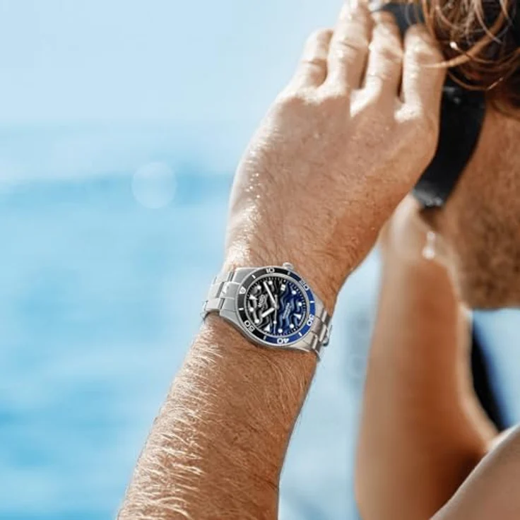 Mido Ocean Star 39, Unisex Automatikuhr mit Edelstahlgehäuse, 20 ATM wasserdicht, schwarz/blau Zifferblatt, Schweizer Automatikwerk Mido Kaliber 72 – Bild 5