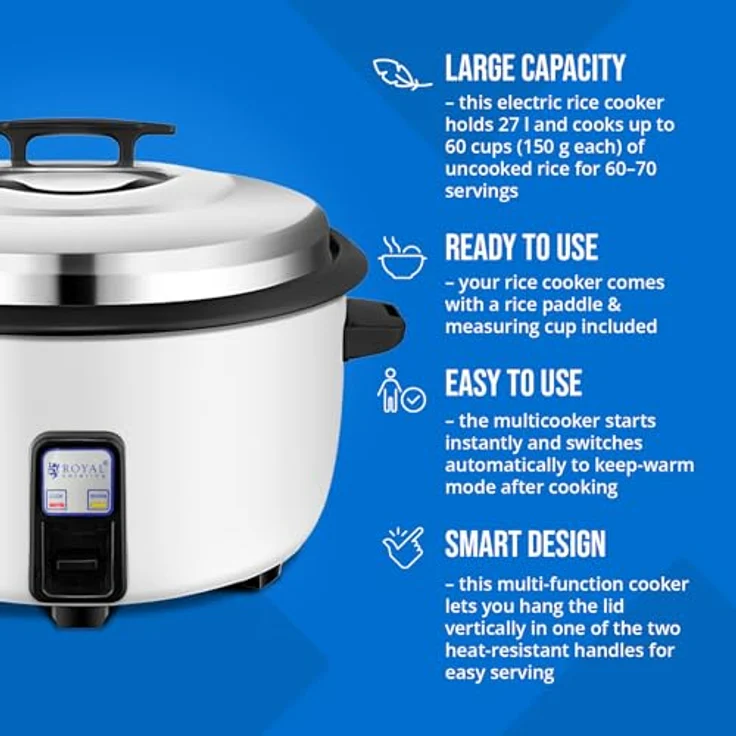 Royal Catering Reiskocher RCRK-38L, elektrischer Reiskocher mit 27 L für bis zu 70 Portionen, 3600 W, Weiß, mit Warmhaltefunktion – Bild 2