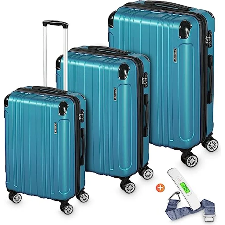 VESKA 3tlg. Hartschalenkofferset Hard Shell Reisekoffer Kofferset Trolley Koffer Hartschalenkoffer Reisekofferset Rollkoffer TSA Zahlenschloss 4 Rollen ABS-Hartschale M-L-XL (Nebel-blau) – Bild 1