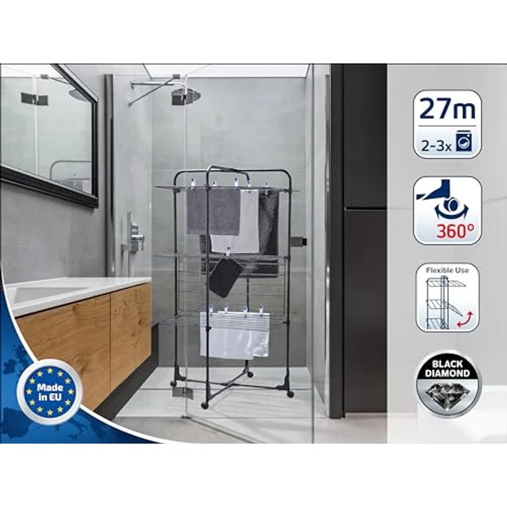 Leifheit Turmtrockner Classic Tower 270 Black Edition mit Rollen, 27m Leinenlänge für 2-3 Wäscheladungen, platzsparender Wäscheturm, halbseitig abklappbarer Turmwäscheständer für die Dusche, schwarz – Bild 2