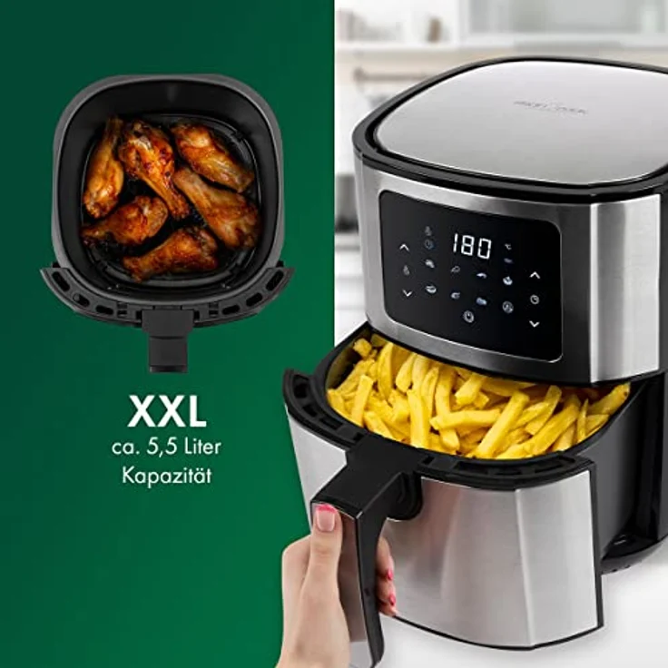 ProfiCook® Heißluftfriteuse PC FR 1239 H - Friteuse Heißluft 5,5L XXL Kapazität, Öl- und fettfreier Airfryer mit LED-Touchscreen u. 7 Programmen, ideal für Pommes Nuggets Steak, Edelstahl 1400W – Bild 2