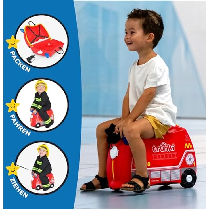 TRUNKI Kinderkoffer Trolley Frank Feuerwehrauto (Rot) | Handgepäck zum Draufsitzen | Reisegefährte für Kinder mit 5 Jahren Garantie – Bild 3