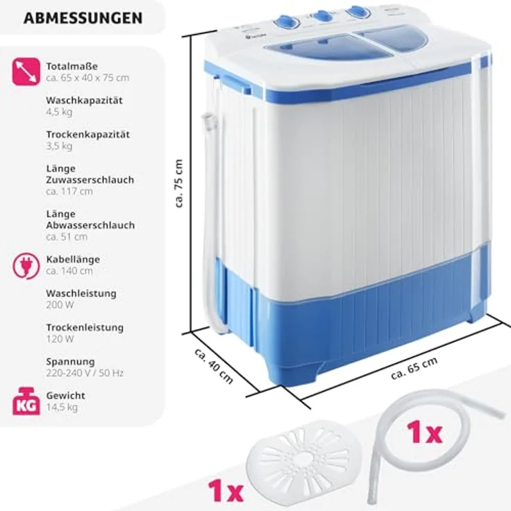 Tectake 400777, Frontlader-Mini-Waschmaschine, Fassungsvermögen 3,5 kg, Standgerät – Bild 6