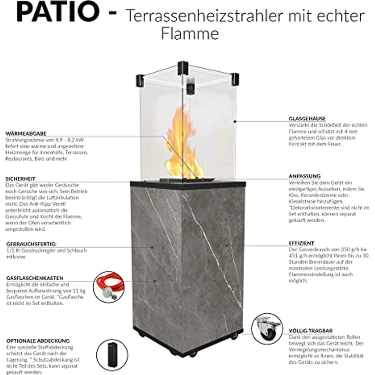 KRATKI Gaskamin Patio Mini | Outdoor Kamin mit Fernbedienung | Gasheizgerät für Terrassen & Garten | Naturali Pietra Grey – Bild 3