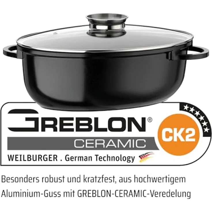 GSW 410588 Gourmet Ceramica Induktion Bräter XXL oval mit Aroma-Glasdeckel 42x27cm - ca. 10,0 Liter, Aluguss, schwarz gesprenkelt, 42 cm, 4-Einheiten – Bild 4