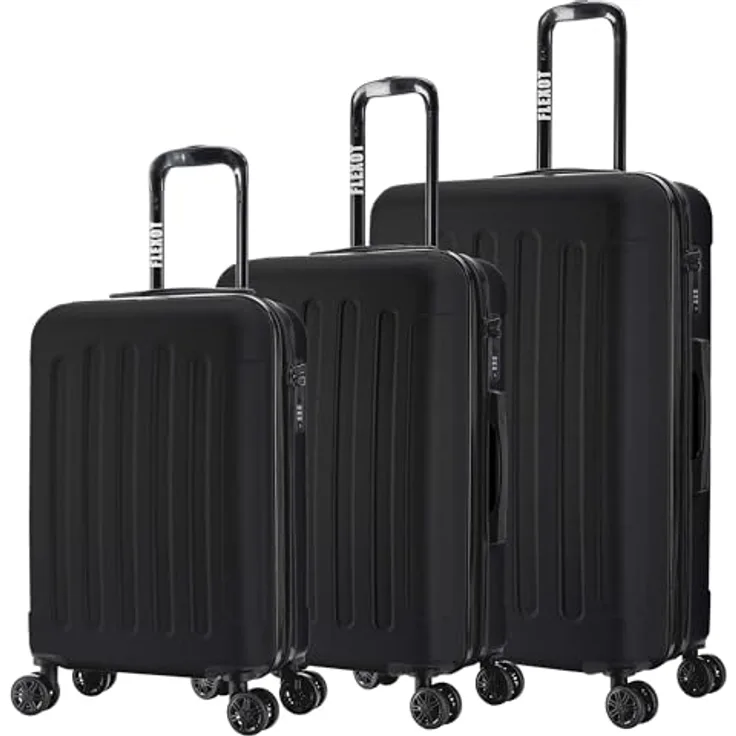 Flexot® F-3045 | Koffer mit V-Erweiterung | Alu-Teleskopgriff | 360° Räder leise rollend | Reisekoffer | Trolley | Handgepäck und Aufgabegepäck | (Schwarz, 3er Set, M-L-XL)