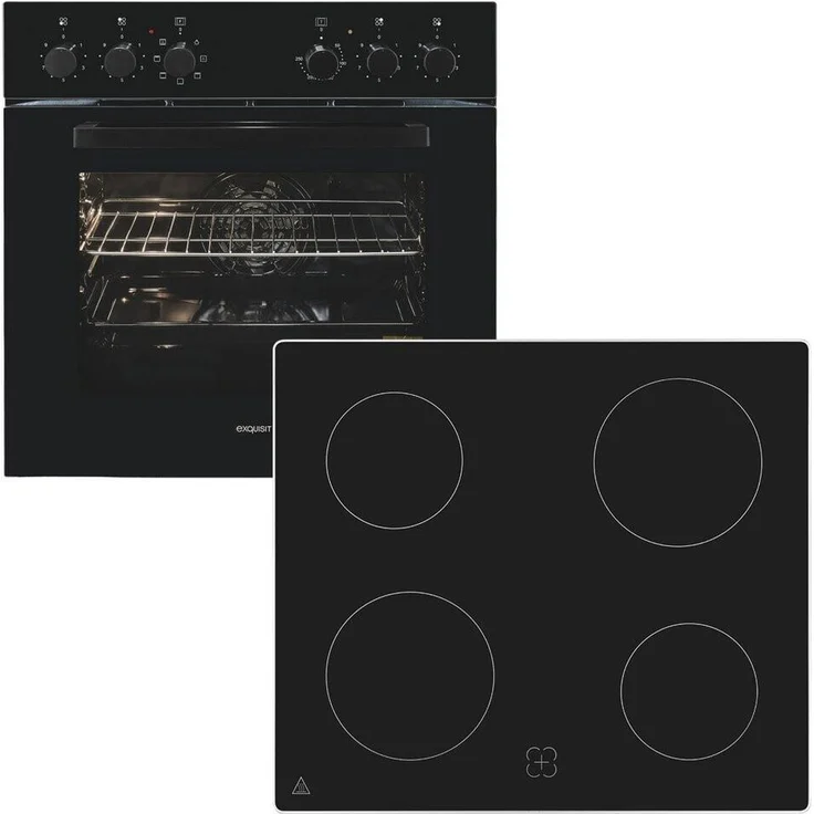 Exquisit EHE256-U-020-Set, Kochfeld mit Rahmen, 4 Kochzonen, 7 Backofenprogramme, Schwarz