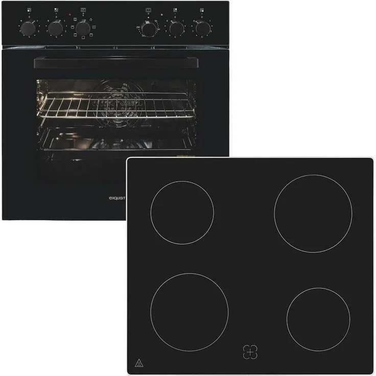 Exquisit EHE256-U-020-Set, Kochfeld mit Rahmen, 4 Kochzonen, 7 Backofenprogramme, Schwarz