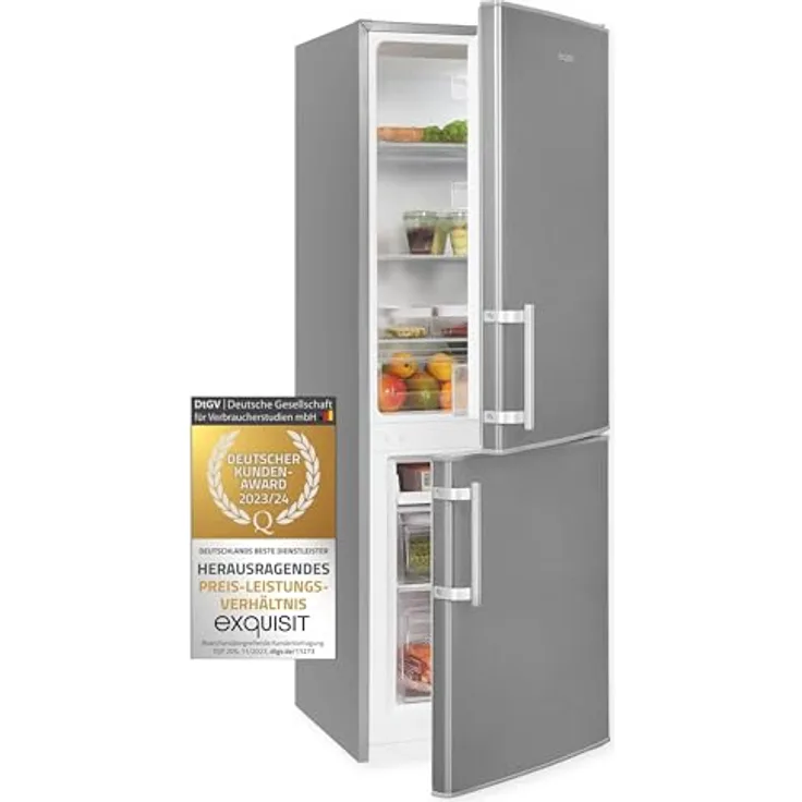 Exquisit Kühl-Gefrierkombination KGC5233-60-HE-040D inoxlook | Nutzinhalt: 173 L | Alarm-Funktion | 4-Sterne-Gefrieren | Standgerät