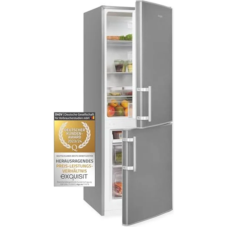 Exquisit Kühl-Gefrierkombination KGC5233-60-HE-040D inoxlook | Nutzinhalt: 173 L | Alarm-Funktion | 4-Sterne-Gefrieren | Standgerät – Bild 1