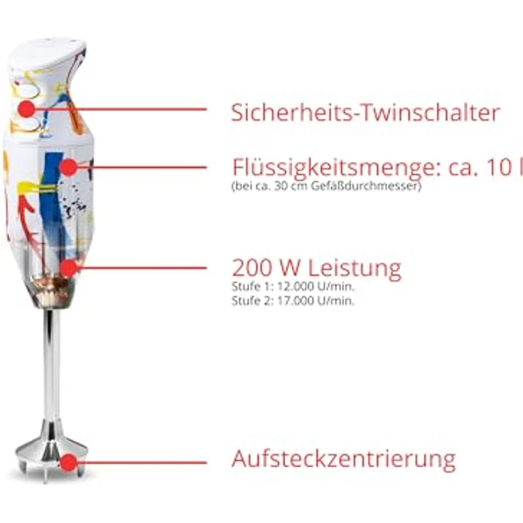 ESGE Zauberstab 91001 Design Edition Color-Art, Stabmixer mit 200W AC-Motor, 2-stufig, 17.000 U/min, Zubehörset inklusive Stativ und Multimesser, Made in Switzerland – Bild 3