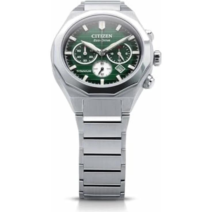 Citizen CA4691-59X Zenshin Senkei Eco-Drive Solar Chronograph, silberfarbenes Super-Titanium Gehäuse, grünes Zifferblatt, Gliederband, 10 ATM wassergeschützt – Bild 5