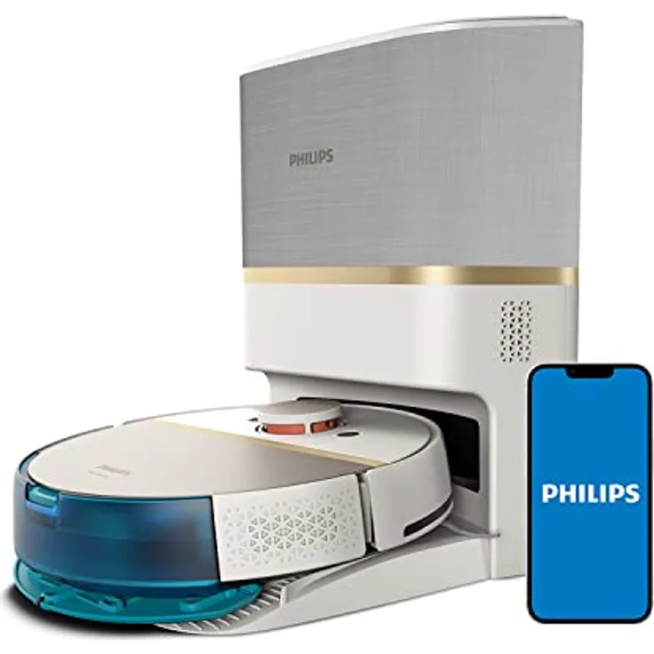 Philips XU7100/02 Homerun Serie 7000 Saugroboter mit Wischfunktion, ultrastarke Saugleistung (5.000 Pa), Erkennung Kleiner Hindernisse, Staubsauger mit Absaugstation, für Teppiche und Tierhaare, App