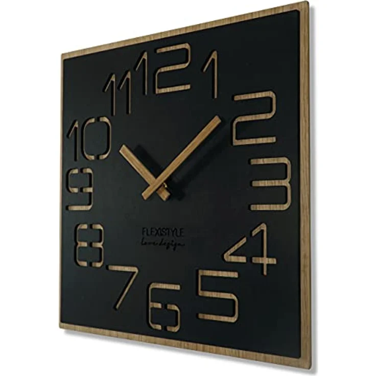 Wanduhr groß holzoptik Holz Digits, quadratisch Stille, Wohnzimmer, Schlafzimmer , Made in EU (Schwarz, 40 cm) – Bild 1
