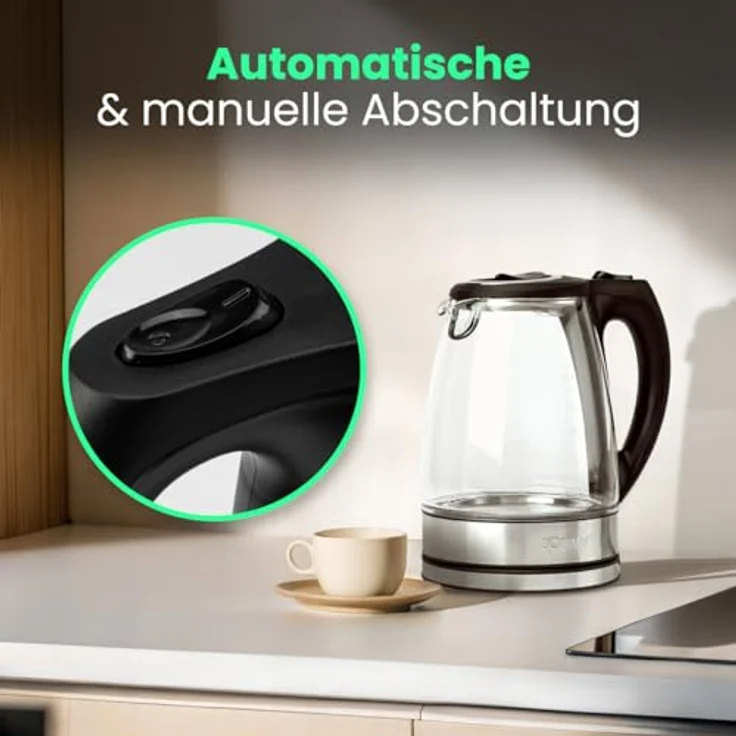 Bomann Glas-Wasserkocher WKS 6032 G CB, 1,7 Liter Füllmenge, Glas--Edelstahlgehäuse, kabellose Technik - leichtes Ein- und Ausgießen, verriegelter Sicherheitsklappdeckel, 360° drehbare Steckverbindung – Bild 6
