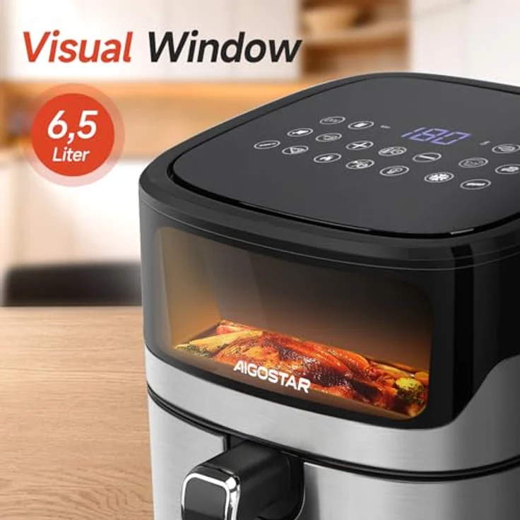Aigostar XXL Heißluftfritteuse 6,5L mit Sichtfenster, 1600W, Touchscreen, 12 Programme, intelligentes Vorheizen, antihaftbeschichtet, Schwarz – Bild 5